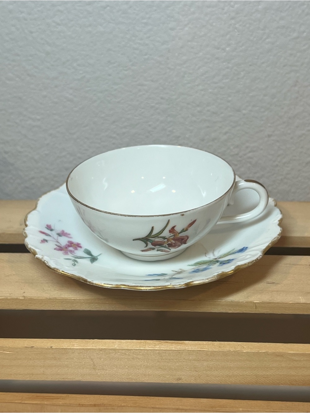 Mismatched Floral Porcelain Demitasse Teacup & Saucer Set | France
